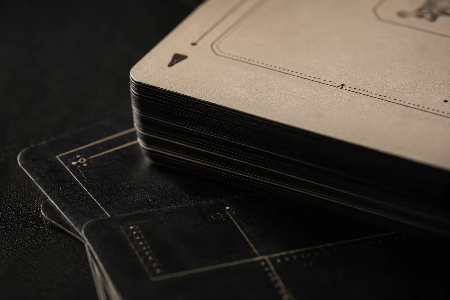Close view of layered black and bone playing-card edges