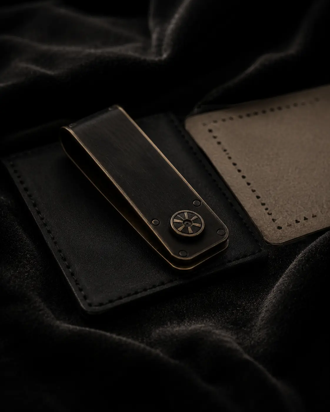 A dark brass object resting on stitched black leather