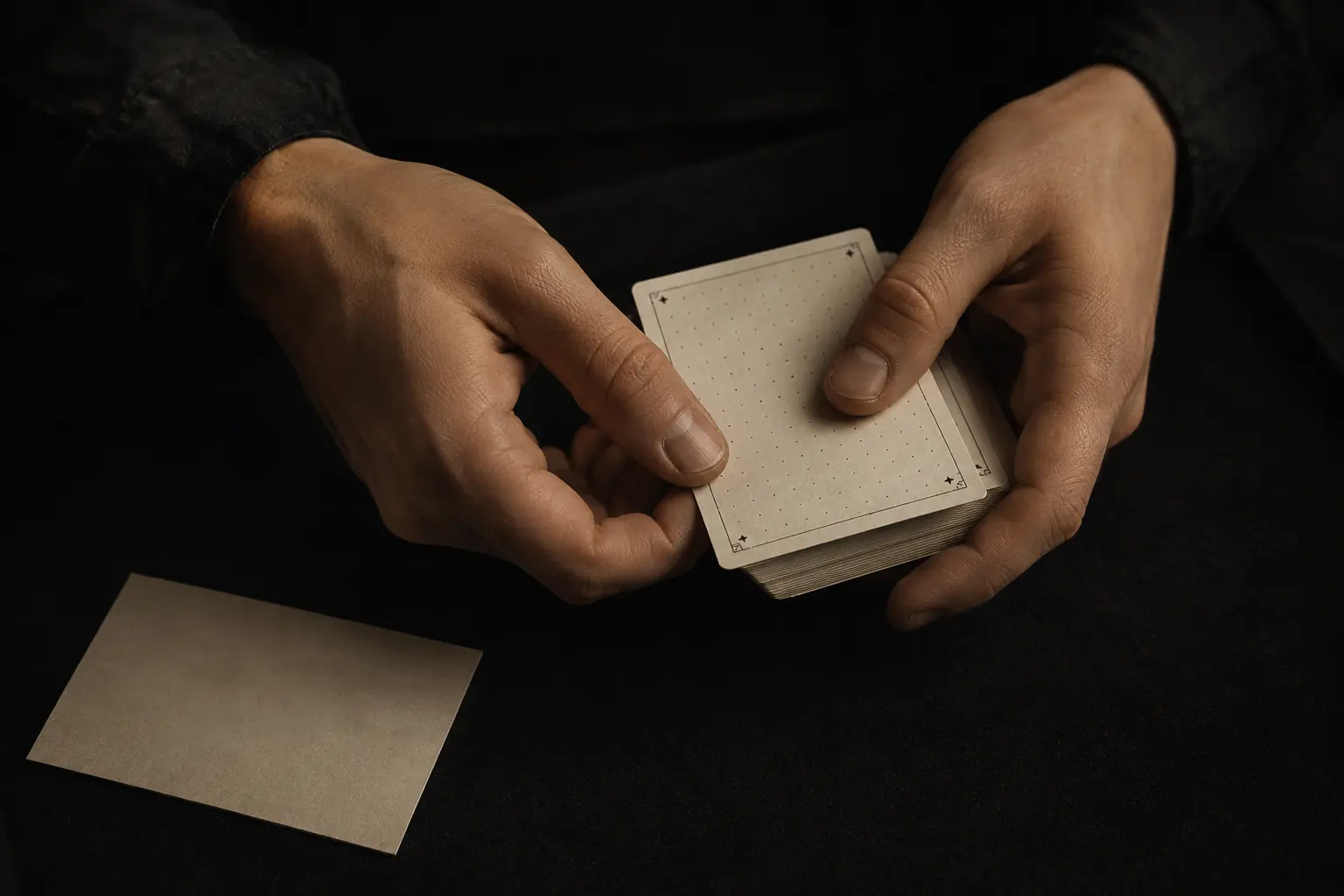 Hands handling a bone-colored deck of playing cards