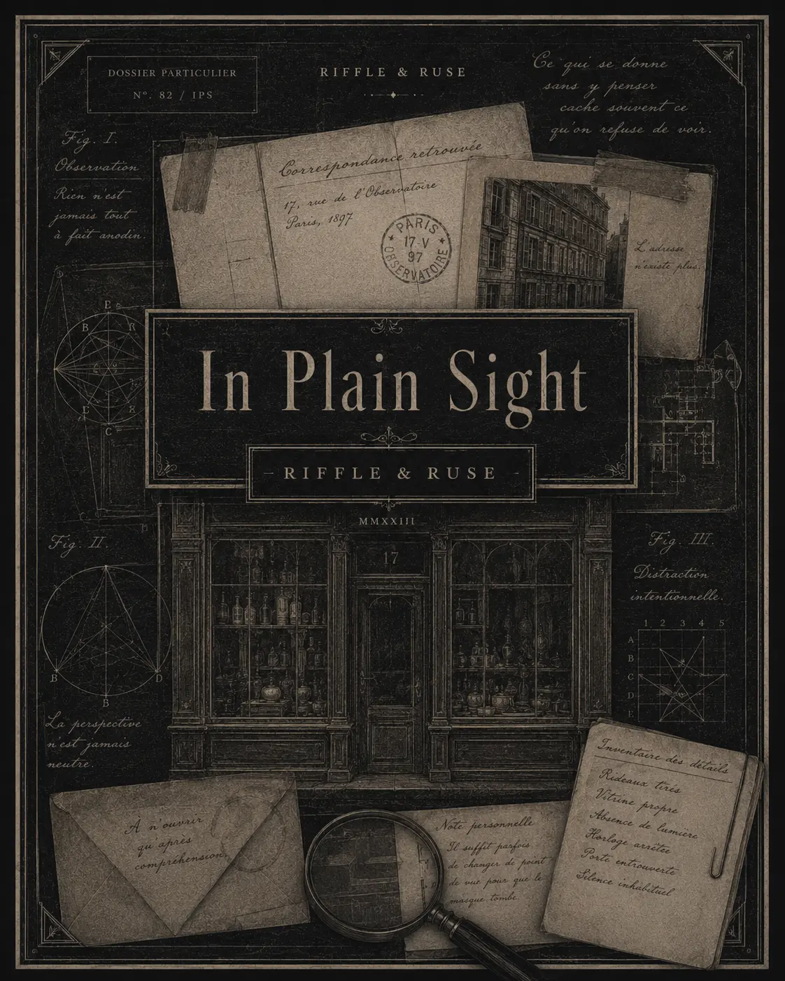 In Plain Sight dossier artwork with correspondence and a Paris storefront