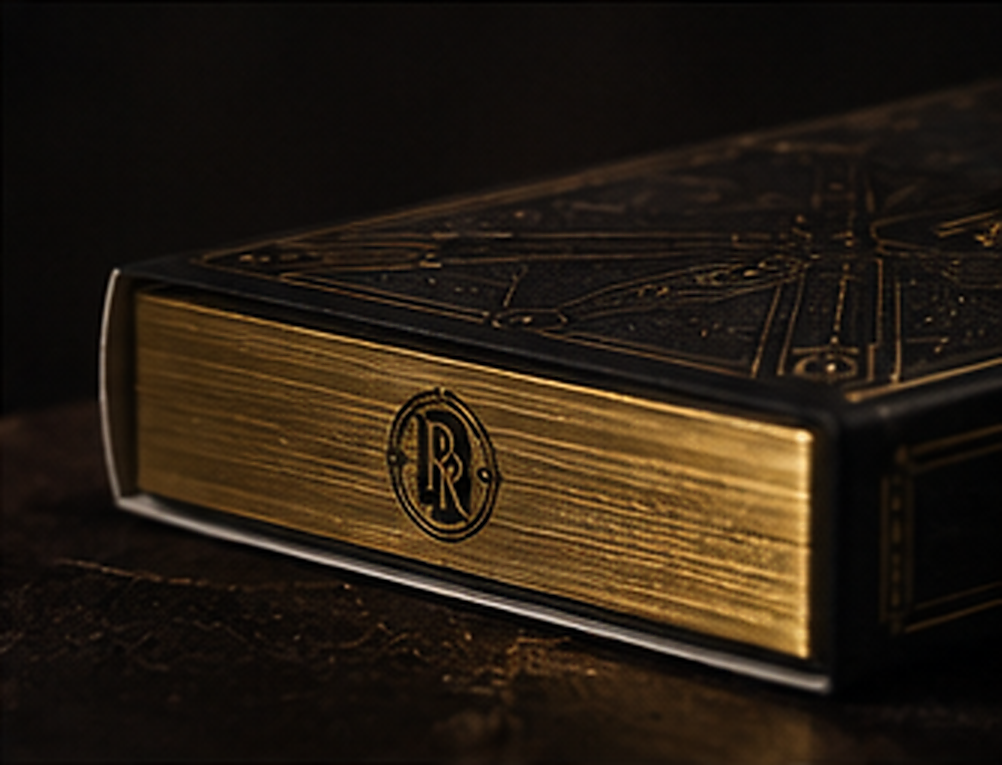Black and gold playing-card tuck case with a gilded edge and the Riffle & Ruse cipher