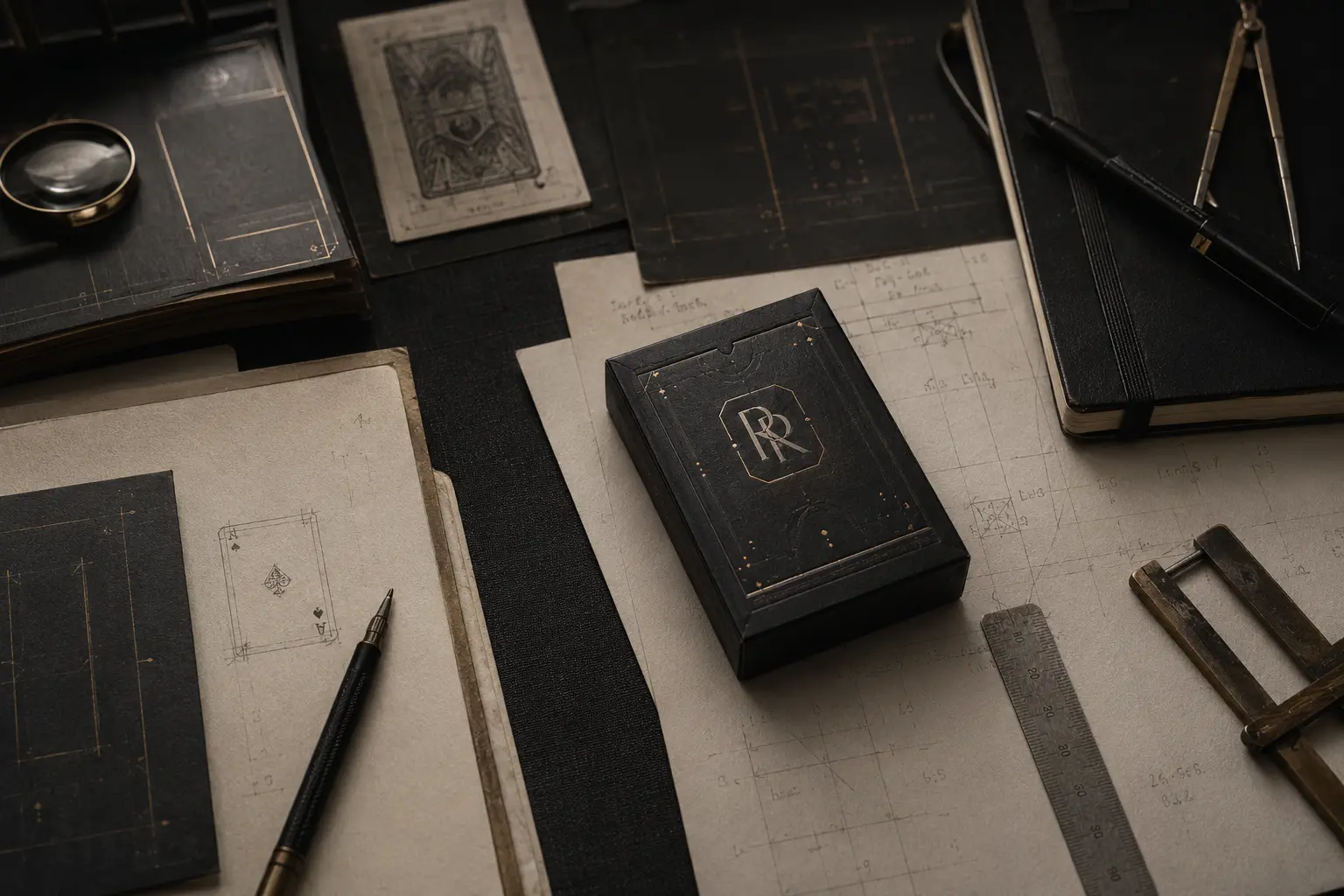 A dark deck among sketches and drafting tools on a design desk