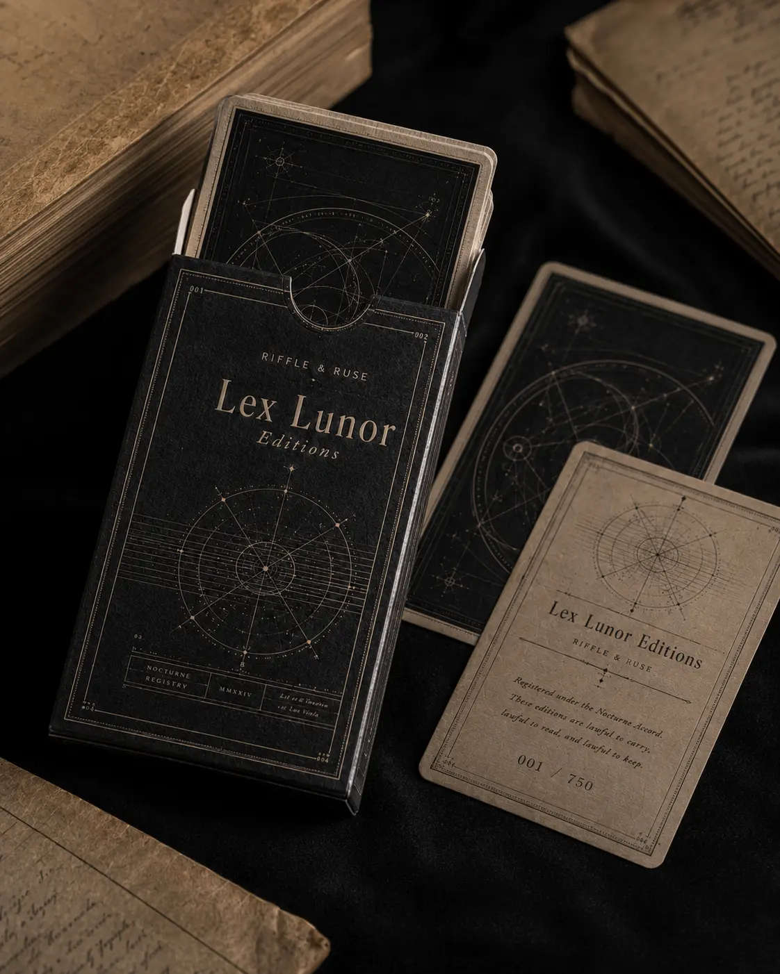 Open Lex Lunor tuck case with celestial cards